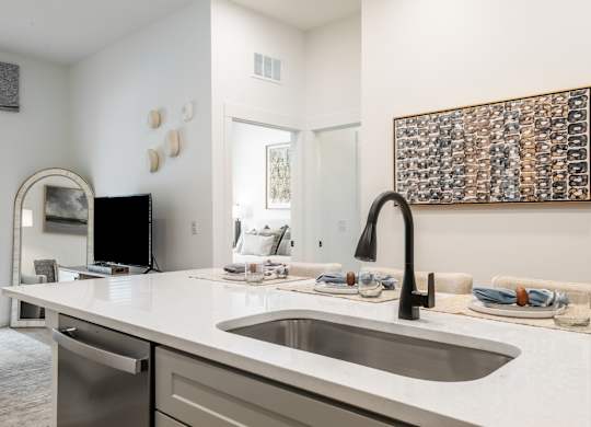 A modern kitchen with a large sink and a framed picture on the wall.