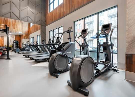 A Gym With Treadmills, A Stair Climber, And Elipticals