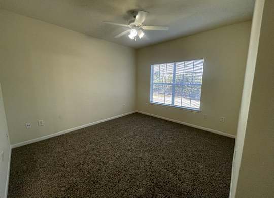 A room with a ceiling fan and carpeted floor.