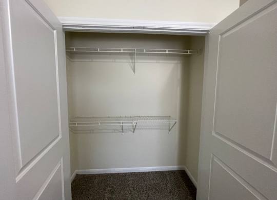 A white closet with a shelf and a carpeted floor.