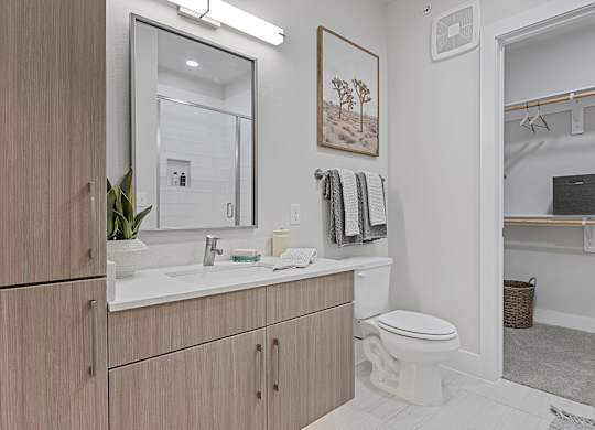 A bathroom with a toilet, sink, and mirror.