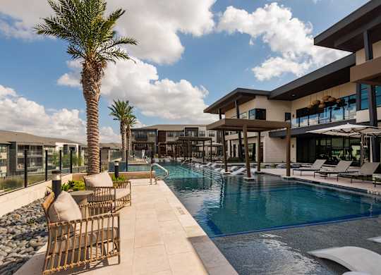 A pool area with a palm tree and a building in the background.