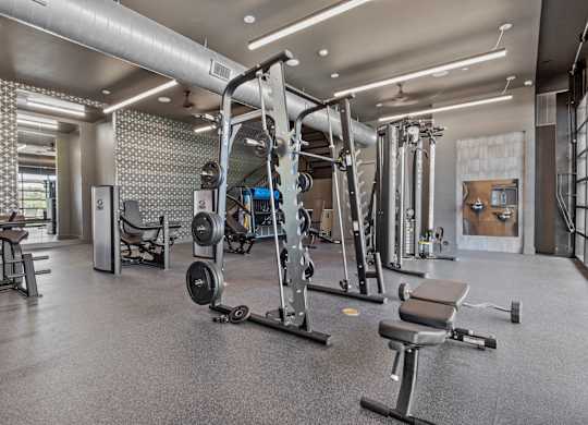A spacious gym with a variety of equipment including a leg press machine, a chest press machine, a squat rack, a bench press, a rowing machine, a treadmill, a stationary bike,