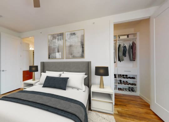 a bedroom with a bed and a closet