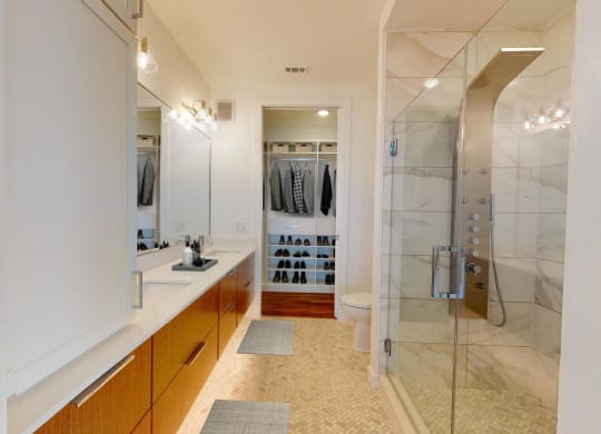 a bathroom with a shower and a sink and a mirror