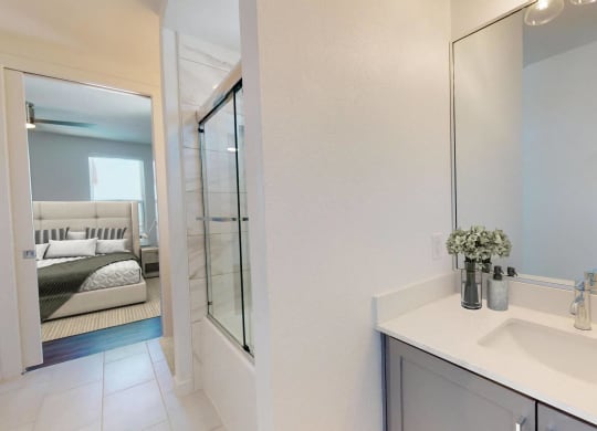 a bathroom with a sink and a shower and a mirror