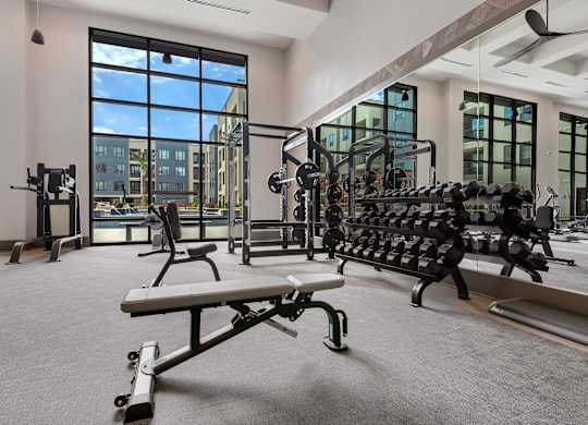 a fitness center with treadmills and other exercise equipment