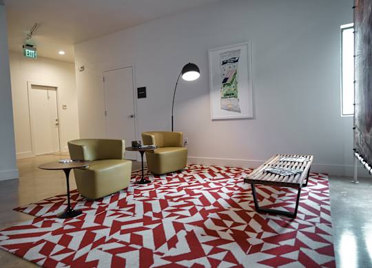Lounge seating area with geometric patterned rug at THE'68 Apartments, San Antonio, Texas