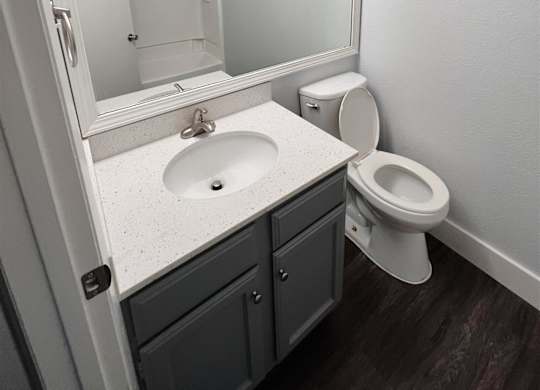 a bathroom with a sink toilet and a mirror at Northchase, Austin