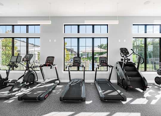 A gym with treadmills, elliptical machines, and a rowing machine.