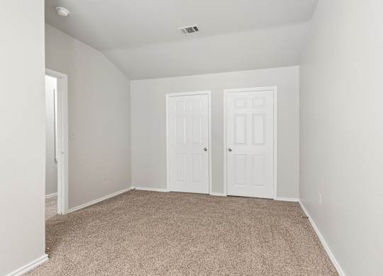 A room with two white doors and carpeted floor.