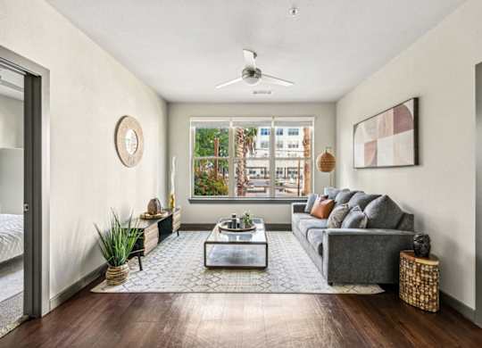 A living room with a grey couch, a coffee table, and a ceiling fan.