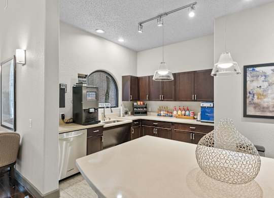 Community kitchen with dark wood cabinets at Melia Medical Center Apartments, Houston, Texas