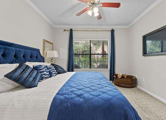 Bedroom with tufted headboard and large window at Melia Medical Center Apartments, Texas