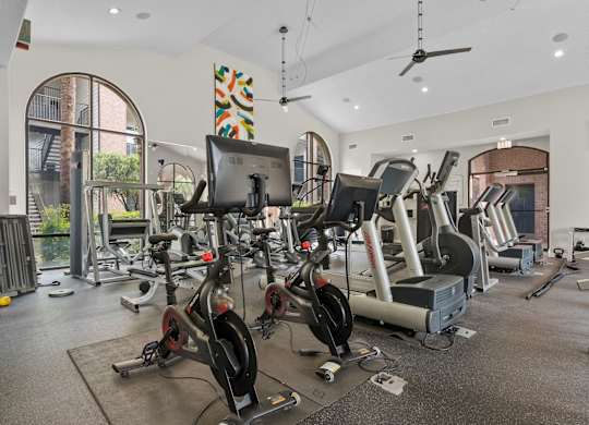 Fitness with cardio and strength equipment at Melia Medical Center Apartments, Houston, Texas
