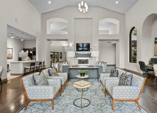Open concept living room with arched doorways at Melia Medical Center Apartments, Texas, 77054