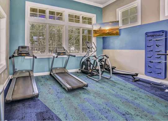 A room with treadmills and exercise bikes.