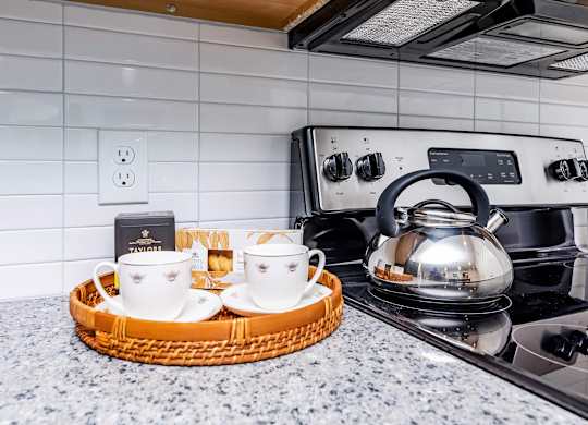 Kitchen countertop with tea kettle and cups at Sienna at Westover Hills Apartments, San Antonio