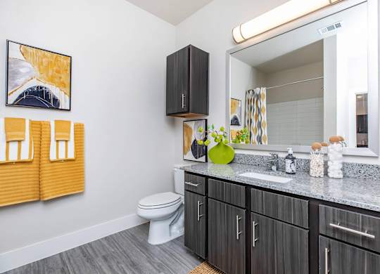 Modern bathroom with dark cabinetry and granite countertop at Sienna at Westover Hills Apartments, Texas, 78253