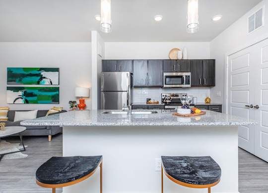 Open kitchen with peninsula counter and modern seating at Sienna at Westover Hills Apartments, Texas, 78253