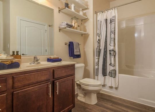 Wood-Plank Style Flooring in Baths at Abberly at Southpoint Apartment Homes by HHHunt, Fredericksburg, 22407