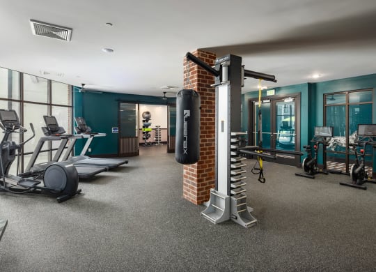 a gym with a punching bag and other exercise equipmentat Abberly Foundry Apartment Homes, Nashville