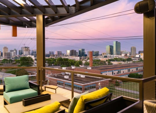 a view of the philadelphia skyline from the rooftop deck at Abberly Foundry Apartment Homes, Nashville