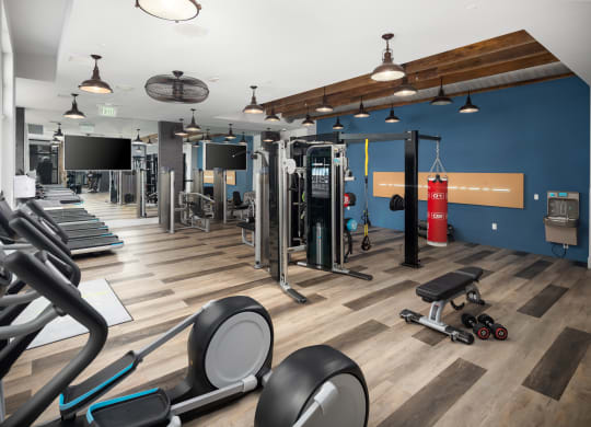 a large fitness room with cardio machines and other exercise equipment  at Abberly Noda Vista Apartment Homes, North Carolina, 28206