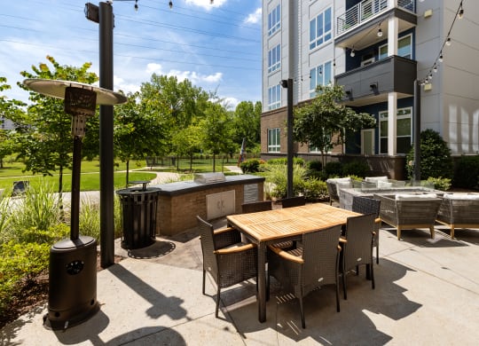 a patio with a table and chairs and a hot tub at Abberly Noda Vista Apartment Homes, Charlotte, NC, 28206