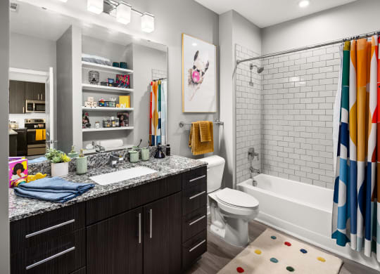 bathroom in a bedroom plus den unit.  at Abberly Noda Vista Apartment Homes, Charlotte, North Carolina