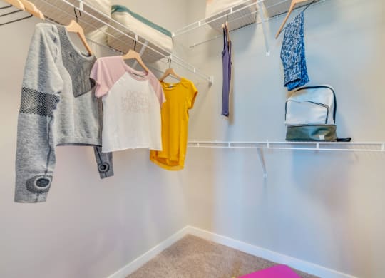 a walk in closet with clothes hanging on the rails at Abberly Noda Vista Apartment Homes, North Carolina, 28206