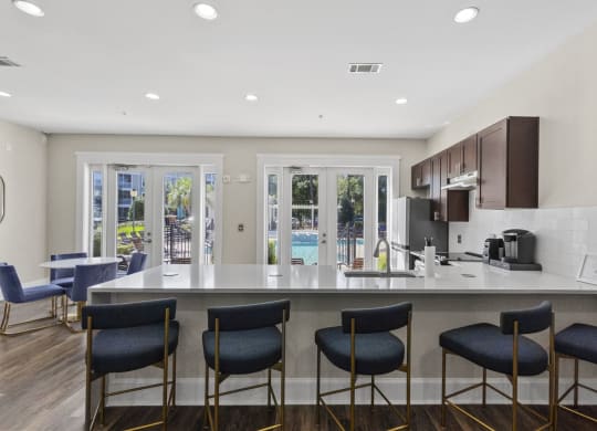 Clubhouse Kitchen with Bar at West Ashley Apartment Homes, South Carolina,  29414