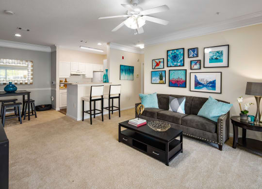 Living Room with Ceiling Fan at Abberly Woods Apartment Homes, Charlotte, NC 28216