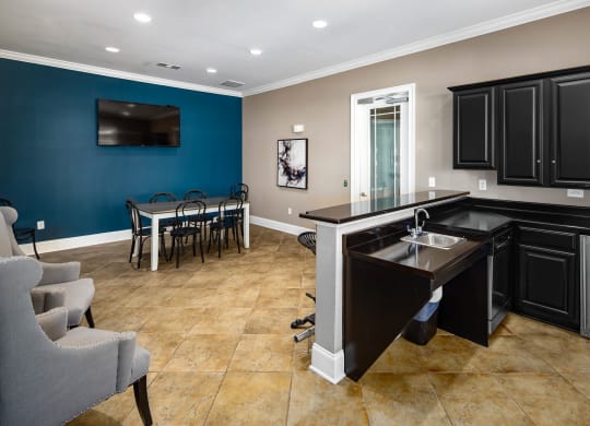 Clubhouse Kitchen with Billiards at Abberly Woods Apartment Homes, Charlotte, North Carolina