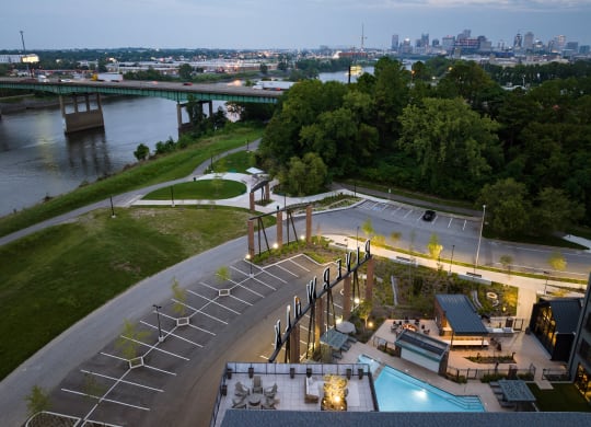 a view of the pool area and the city skyline from the top of a building at Abberly Riverwalk Apartment Homes, Nashville, TN, 37228