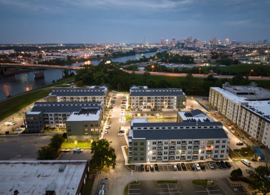 an aerial view of the campus at night with the city of minneapolis in the background  at Abberly Riverwalk Apartment Homes, Nashville, Tennessee