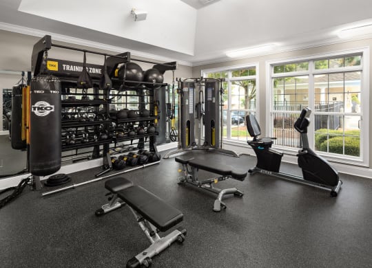 Fitness center with weights and a punching bag at Abberly Grove Apartment Homes, North Carolina