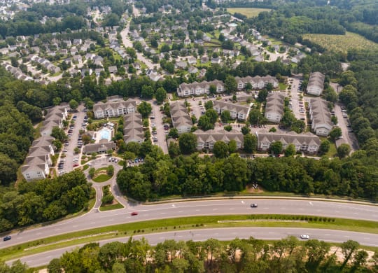 Aerial view of community at Abberly Grove Apartment Homes, North Carolina, 27610