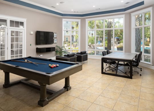a games room with a pool table and a tv