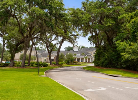 a winding road with houses in the background
