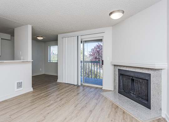 A room with a fireplace and a sliding glass door leading outside.