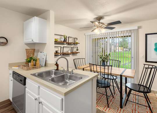 A kitchen with a white dishwasher and a white sink.