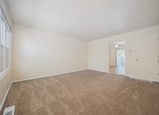 A room with a carpeted floor and a window with blinds.