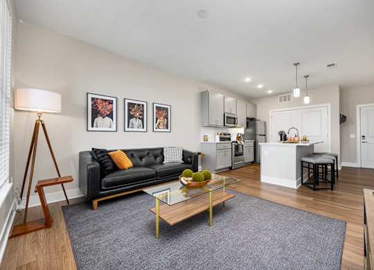 A modern living room with a black couch and a coffee table.
