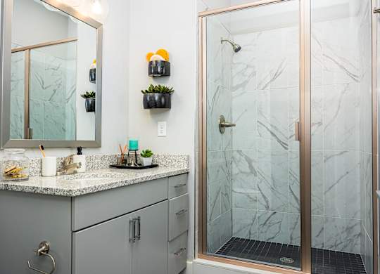a bathroom with a shower and a sink and a mirror