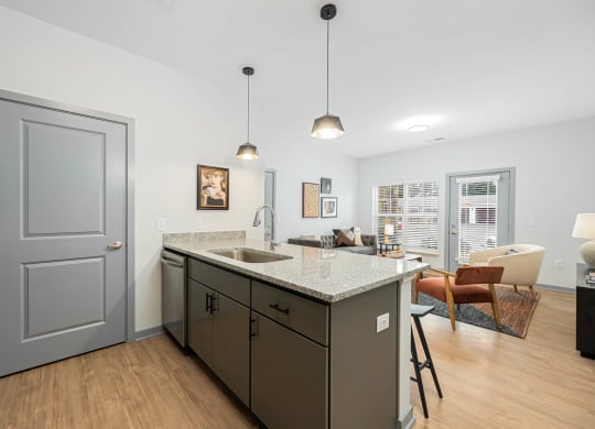 a kitchen with a sink and a door to a living room