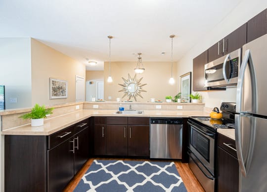 a kitchen with stainless steel appliances and black cabinets