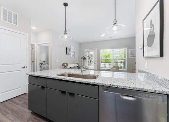 A modern kitchen with a white door and a granite countertop.