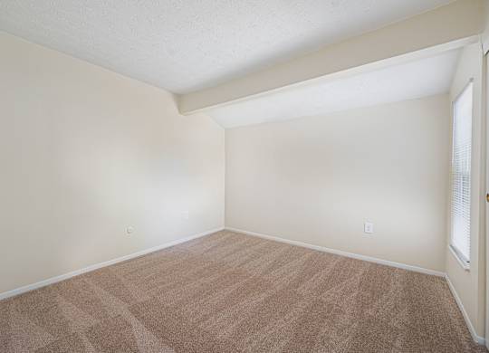 an empty living room with carpet and a window