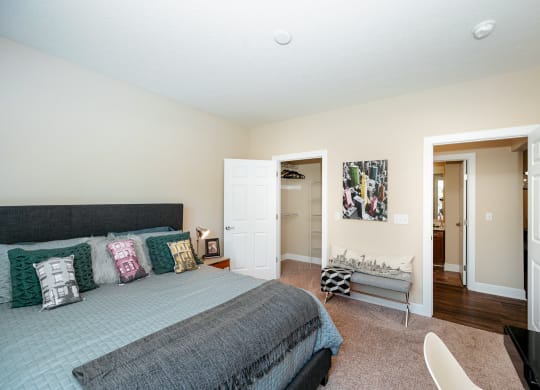 a bedroom with a bed and a closet